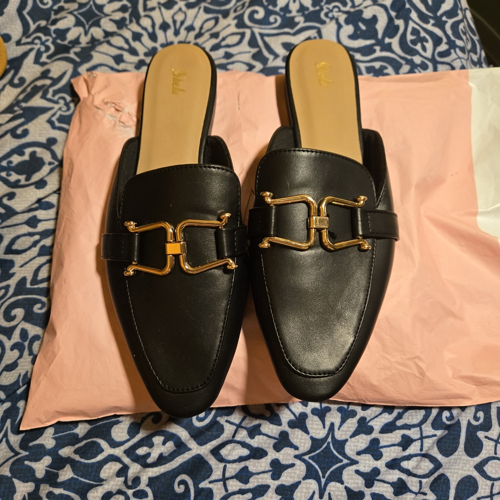 SHEIN Black Mules with Gold Detail